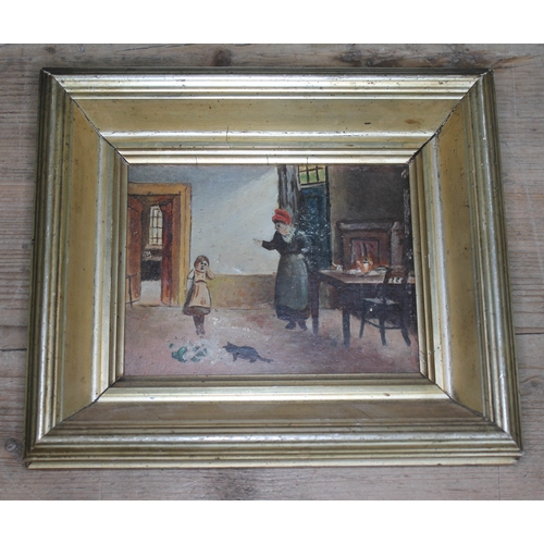 278 - 19th century school, interior scene, oil on board, 16cm x 12cm, signed 'J. Simpson', framed 26cm x 2... 