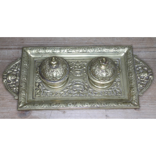 302 - A cast brass standish, length 31cm.