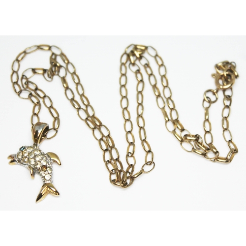 158 - A 9ct gold chain with dolphin pendant, the pendant set with paste and unmarked, the chain hallmarked... 