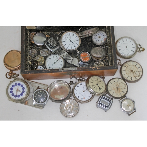 180 - A wooden box containing various pocket watches and wristwatches including a gold plated pocket watch... 