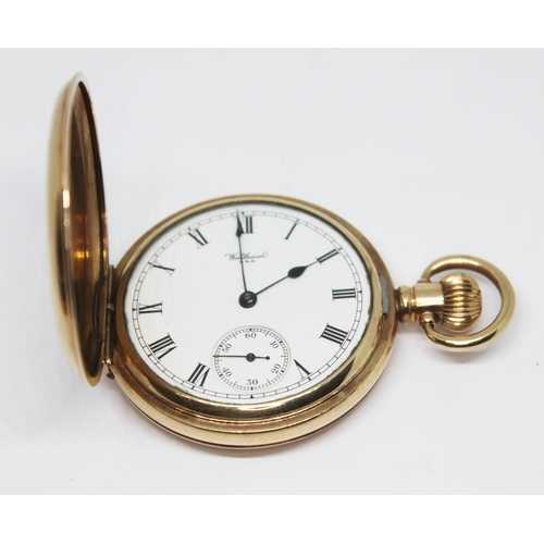 182 - A gold plated Waltham Watch Co. pocket watch circa 1915, with Roman numerals on a signed white dial ... 