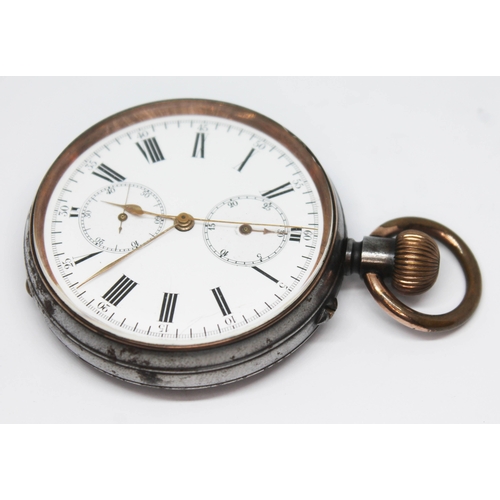 185 - A gun metal cased chronograph pocket watch having white enamelled dial, Roman numerals and hands in ... 