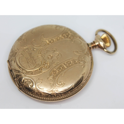 262 - A gold plated full hunter pocket watch with engraved case, the dial signed 'Elgin', diam. 50mm.