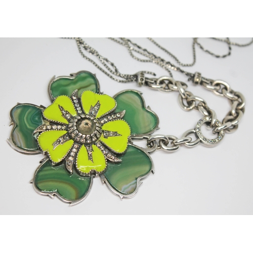 276 - A contemporary flower pendant with green dyed agate petals, yellow enamel and set with paste, suspen... 