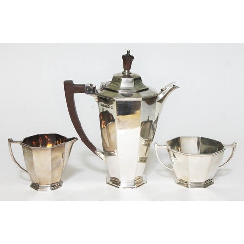 308 - A three piece silver bachelors tea set comprising teapot, cream jug and sugar bowl, Ollivant & Botsf... 