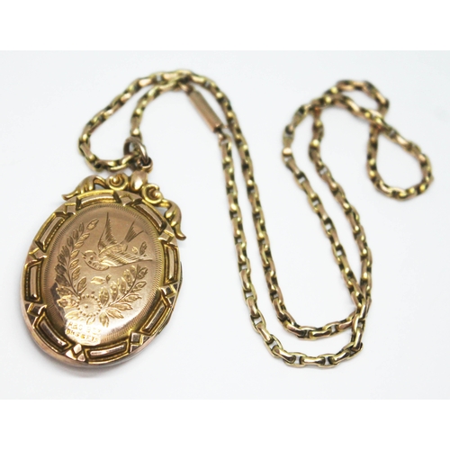 310 - A yellow metal locket etched with a swallow and marked '9CT BKS & FTS', length 45mm, on chain marked... 