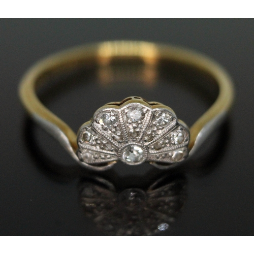 340 - An Art Deco diamond cluster ring, millegrain fan shape setting 10mm x 6mm, marked '18ct & PT', gross... 