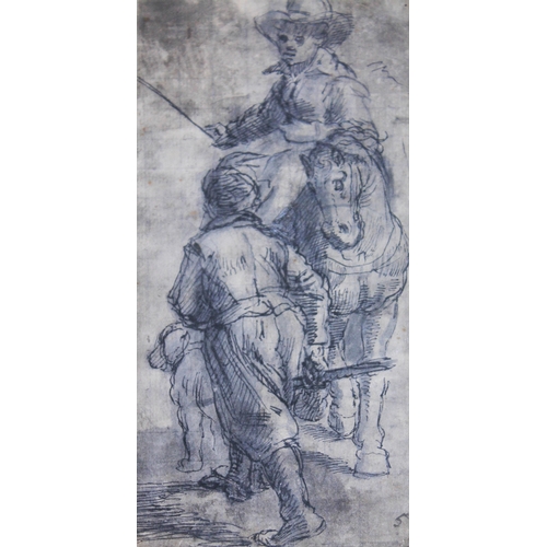 22 - Old Master Drawing, figure on horseback passing man and dog, pencil on paper, 8cm x 18cm.
