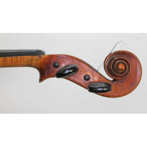 24 - An antique violin, two piece back, length 360mm, two bows and hard case.