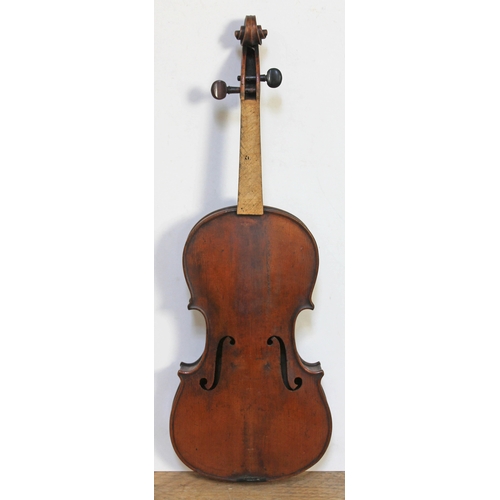 25 - An antique violin, two piece back, length 357mm, with wooden case.