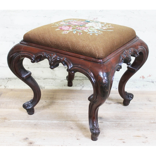 40 - A Victorian carved mahogany stool with tapestry top, width 51.5cm, depth 51.5cm & height 49cm.
