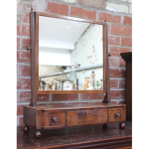 46 - A George III boxwood strung mahogany toilet mirror with three drawers and ball feet, height 67cm.
