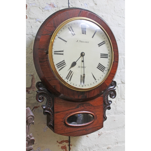 80 - A 19th century rosewood drop dial wall clock, the dial signed 'J Nelson Bury', length 57cm.
