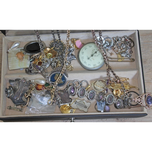 89 - A jewellery box and contents including hallmarked silver, yellow metal, costume jewellery, watches, ... 