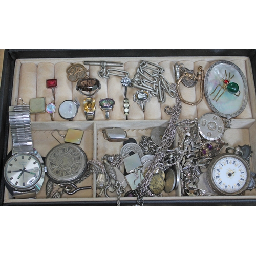 89 - A jewellery box and contents including hallmarked silver, yellow metal, costume jewellery, watches, ... 