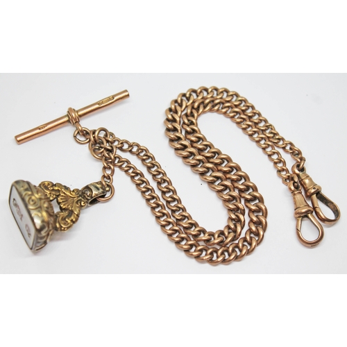 91 - A hallmarked 9ct gold Albert Chain, length 39cm, with hallmarked T bar and yellow metal fob, gross w... 
