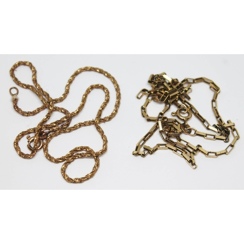 94 - Two 9ct gold chains, each with UK import marks, wt. 8.51g.