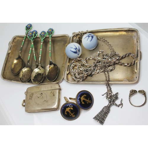 98 - A mixed lot of mainly hallmarked silver comprising a cigarette case, a vesta case, five enamelled te... 