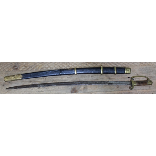 395 - A Russian Imperial shaska, blade length 84.5cm, leather and brass bound wooden scabbard with bayonet... 