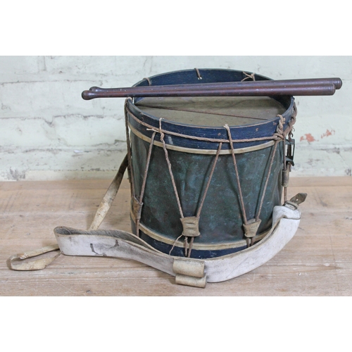 401 - A side drum, probably French 19th century, copper construction with wooden rims, vellum skins and st... 