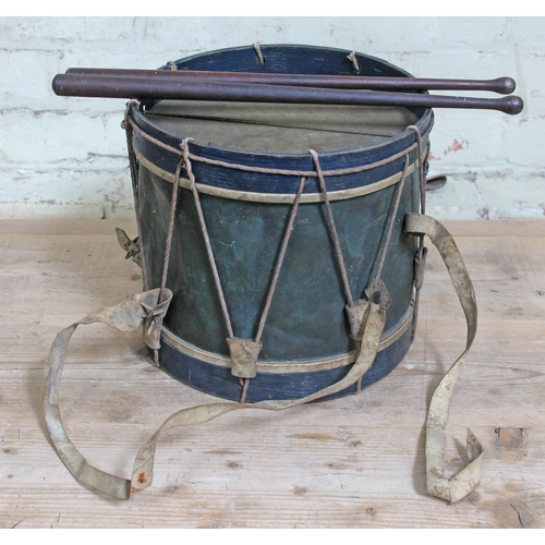 401 - A side drum, probably French 19th century, copper construction with wooden rims, vellum skins and st... 