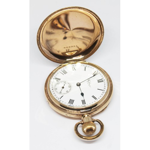 183 - A gold plated Waltham Watch Co. pocket watch circa 1916, with Roman numerals on a signed white dial ... 