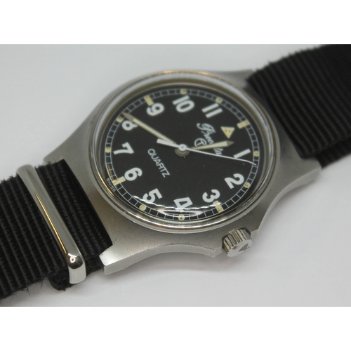 109 - A 1980 Precista UK military stainless steel quartz wristwatch having signed black dial Arabic numera... 