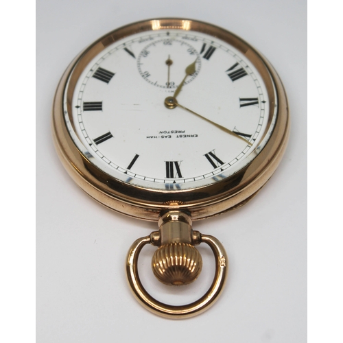 116 - A Gold plated Zenith open faced pocket watch, the dial signed Ernest Eastham, Preston on white ename... 