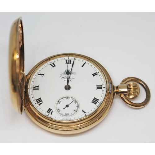 117 - A gold plated Waltham full hunter pocket watch with signed white enamel dial, Roman numerals and spa... 