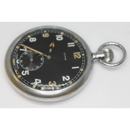 121 - A WWI Cyma military general service time piece with signed black dial, Arabic numerals and seconds s... 