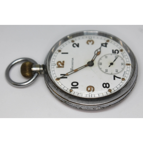 122 - A Helvetia General Watch Co military general service time piece with signed white enamel dial, Arabi... 