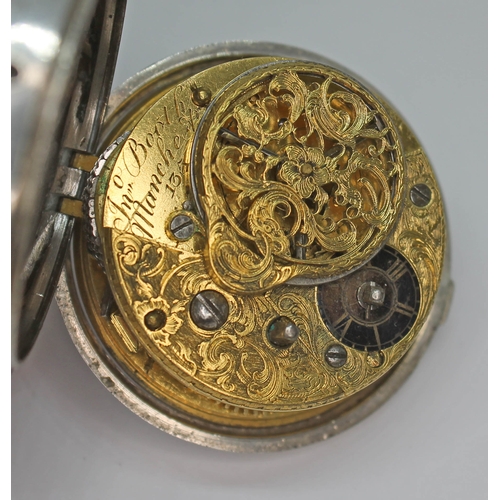 124 - An 18th century silver pair cased verge pocket watch, the gilt metal movement with engraved backplat... 