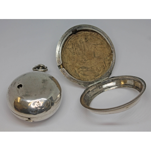 124 - An 18th century silver pair cased verge pocket watch, the gilt metal movement with engraved backplat... 