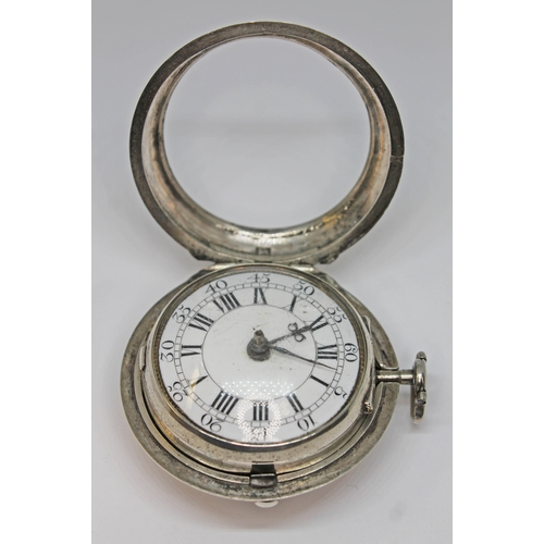 124 - An 18th century silver pair cased verge pocket watch, the gilt metal movement with engraved backplat... 