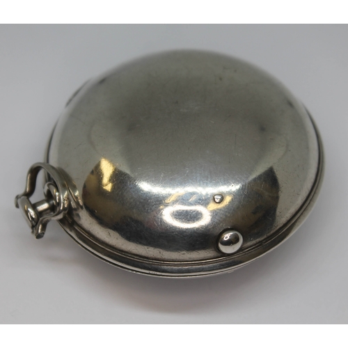 124 - An 18th century silver pair cased verge pocket watch, the gilt metal movement with engraved backplat... 