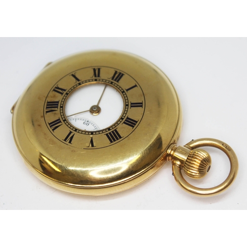 154 - A hallmarked 18ct gold half hunter pocket watch, the white enamel dial having Roman numerals and sec... 