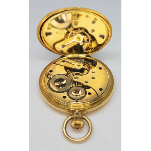 154 - A hallmarked 18ct gold half hunter pocket watch, the white enamel dial having Roman numerals and sec... 