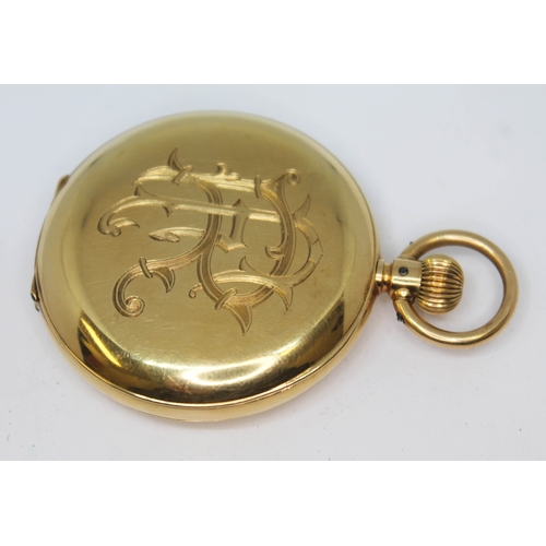 154 - A hallmarked 18ct gold half hunter pocket watch, the white enamel dial having Roman numerals and sec... 