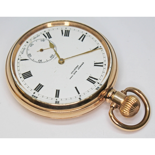 116 - A Gold plated Zenith open faced pocket watch, the dial signed Ernest Eastham, Preston on white ename... 