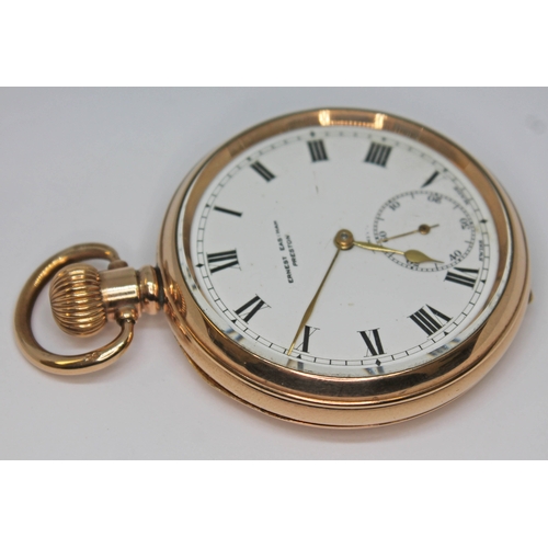 116 - A Gold plated Zenith open faced pocket watch, the dial signed Ernest Eastham, Preston on white ename... 