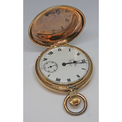 117 - A gold plated Waltham full hunter pocket watch with signed white enamel dial, Roman numerals and spa... 