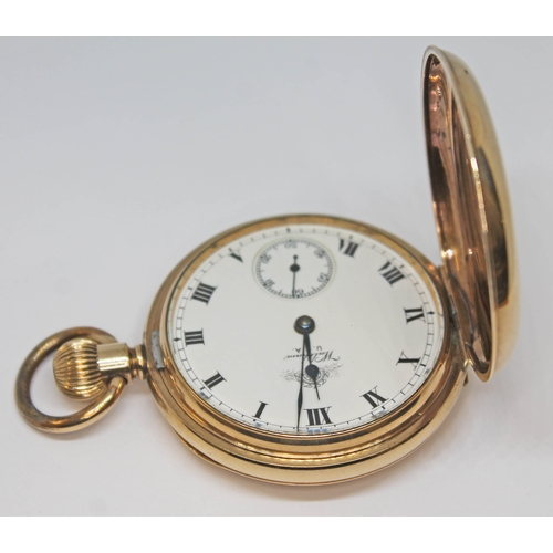 117 - A gold plated Waltham full hunter pocket watch with signed white enamel dial, Roman numerals and spa... 