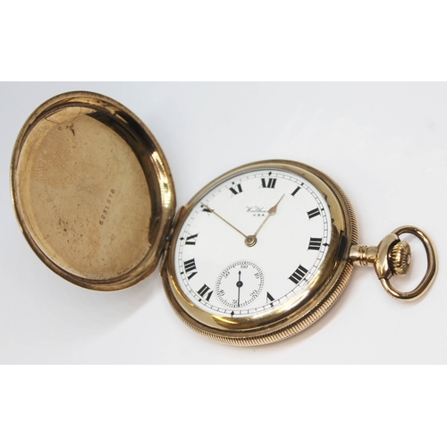 118 - A gold plated Waltham full hunter pocket watch with signed white enamel dial, Roman numerals and spa... 