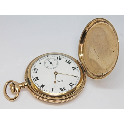 118 - A gold plated Waltham full hunter pocket watch with signed white enamel dial, Roman numerals and spa... 