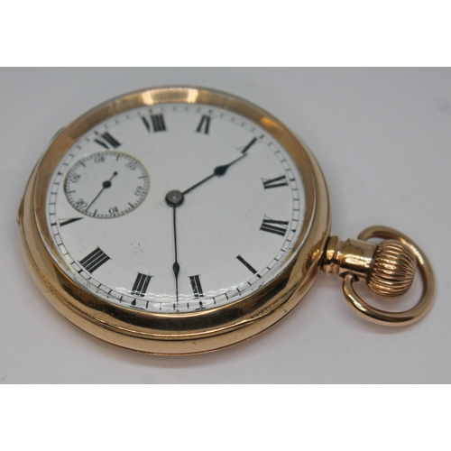 119 - A gold plated Waltham open face pocket watch with white enamel dial, Roman numerals and spade hands ... 