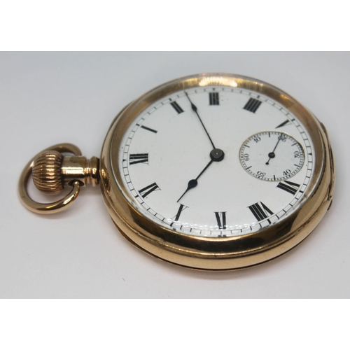 119 - A gold plated Waltham open face pocket watch with white enamel dial, Roman numerals and spade hands ... 