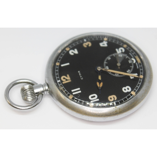 121 - A WWI Cyma military general service time piece with signed black dial, Arabic numerals and seconds s... 