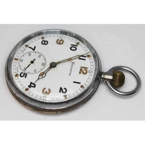 122 - A Helvetia General Watch Co military general service time piece with signed white enamel dial, Arabi... 