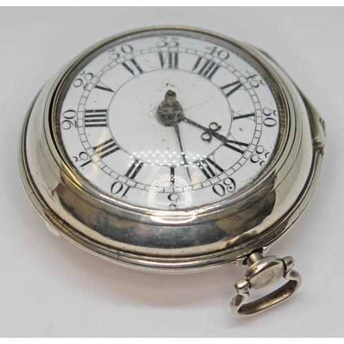 124 - An 18th century silver pair cased verge pocket watch, the gilt metal movement with engraved backplat... 