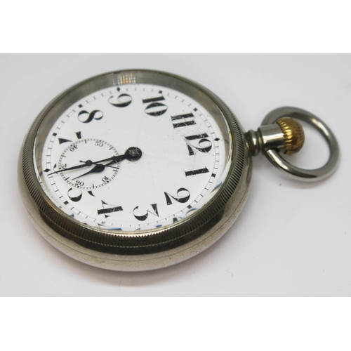 128 - A Cyma open face pocket watch with large Arabic numerals on a white enamel dial and seconds subsidia... 